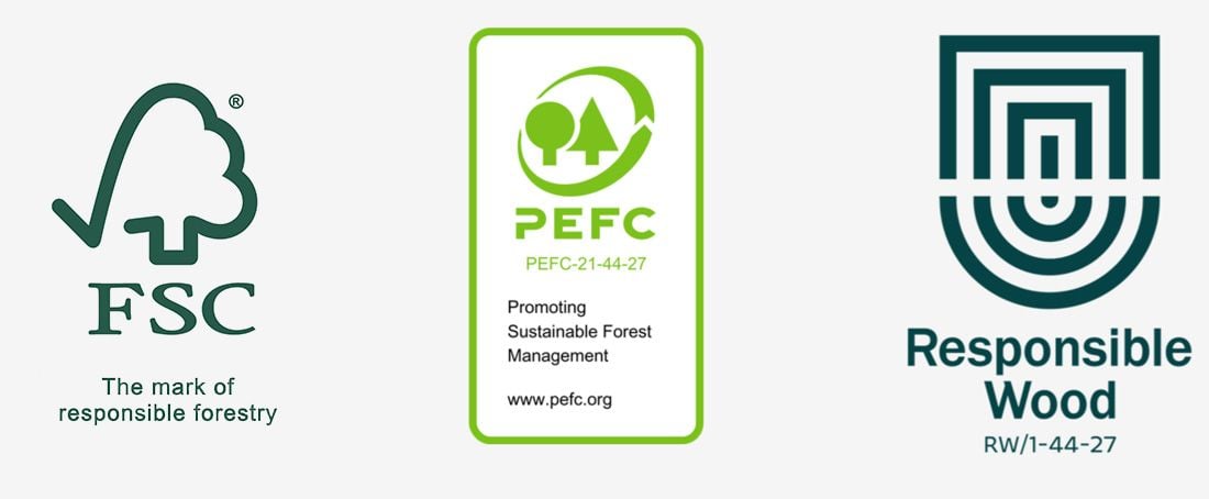 Three sustainable forestry certification logos displayed side by side: FSC (Forest Stewardship Council), PEFC (Programme for the Endorsement of Forest Certification), and Responsible Wood.