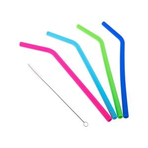 Appetito Set 4 Reusable Silicone Bent Drinking Straws + Cleaning Brush