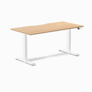 Desky Dual Sublime Teak Scalloped Melamine Sit Stand Desk 150x75cm White Frame Leg