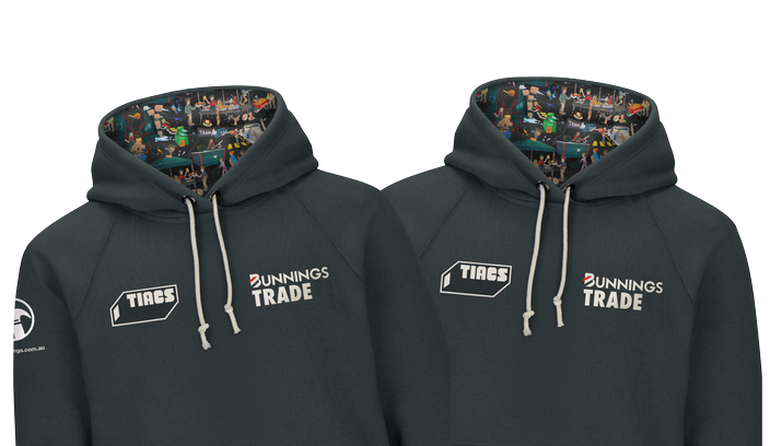 TIACS x Bunnings merchandise on a green background