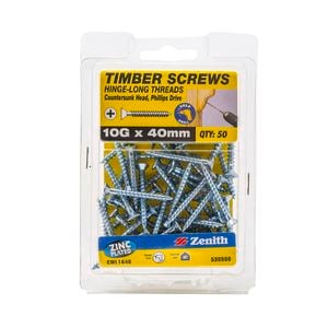 Zenith 10g x 40mm Hinge-long Thread Zinc Plated Timber Screws - 50 Pack