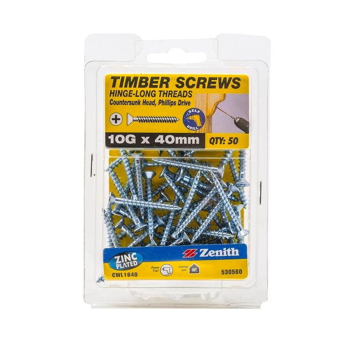 Zenith 10g x 40mm Hinge-long Thread Zinc Plated Timber Screws - 50 Pack