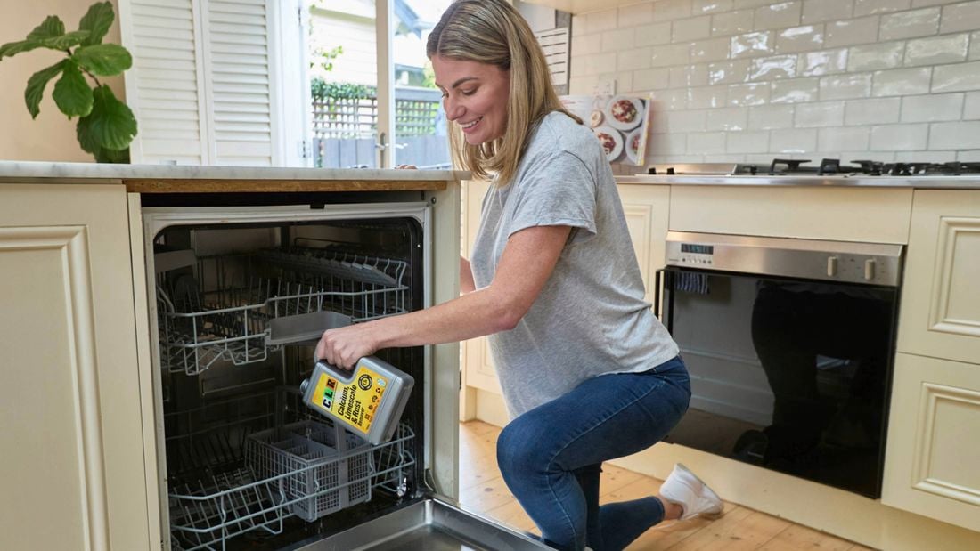 A woman in the kitchen cleaning out a dishwasher with traditional CLR