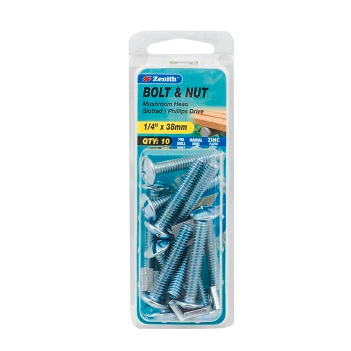 Zenith 1/4" x 38mm Zinc Plated Mushroom Head Bolt And Nut - 10 Pack