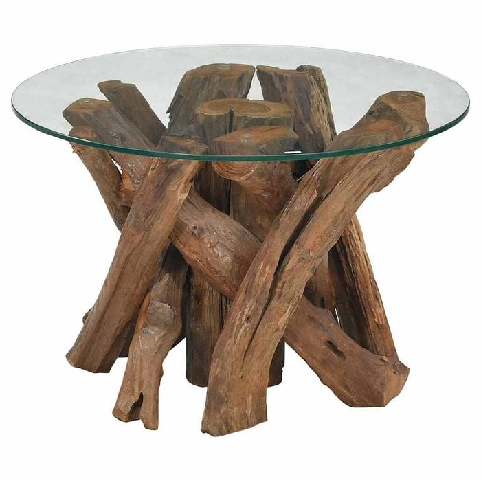 vidaXL Solid Teak Coffee Side Table Round Glass Top Unique Rustic Furniture