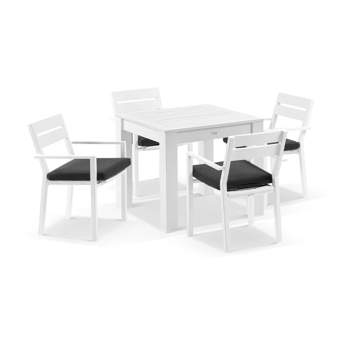Santorini Outdoor 4 Seater Square Aluminium Dining Table White With Chairs & Denim Grey Cushions