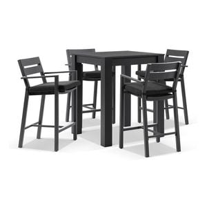 Santorini Outdoor Aluminium Square Bar Table Charcoal With 4 Stools & Denim Grey Cushions
