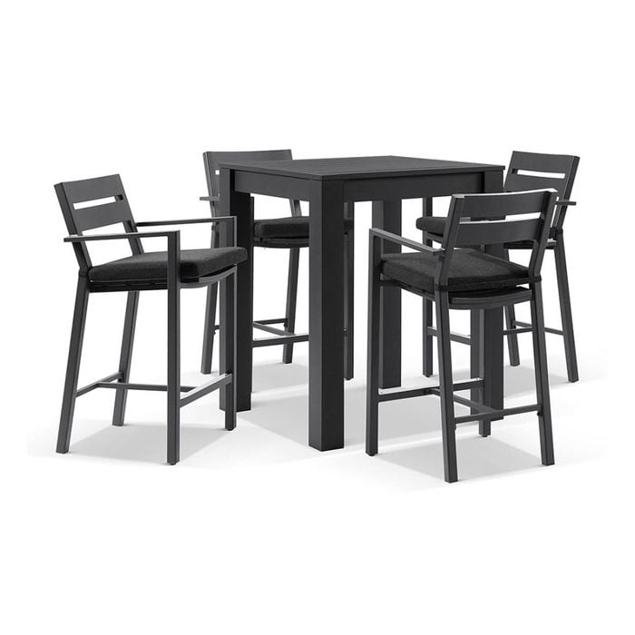 Santorini Outdoor Aluminium Square Bar Table Charcoal With 4 Stools & Denim Grey Cushions