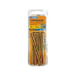 Zenith 8G x 75mm Gold Passivated Square Drive Chipboard Screw - 10 Pack