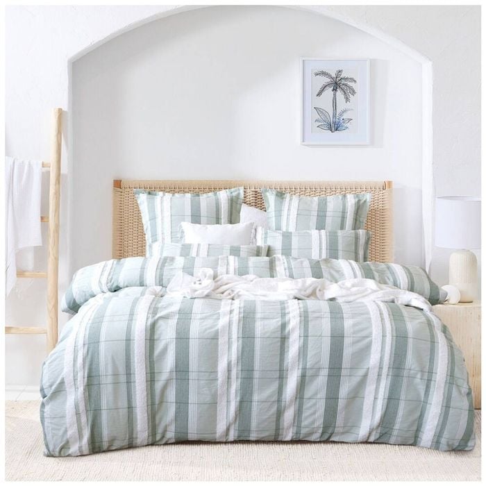 Renee Taylor Syracuse Quilt Duvet Cover Set Sage Green & White Stripe Double