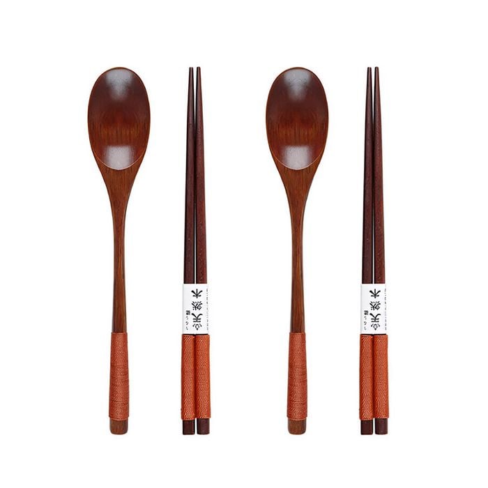 Anygleam Brown 4pcs Wooden Chopsticks and Long Ladle Set Reusable Kitchen Tableware