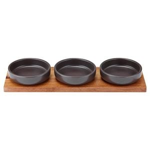 4pc Ladelle Host Charcoal 3 Snack Dine Stoneware Bowl/Spoon Acacia Paddle Set
