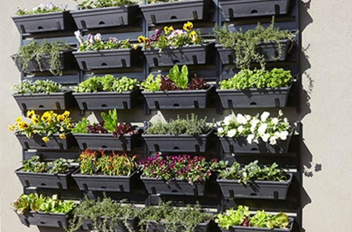 An array of planters with flowers mounted on a wall