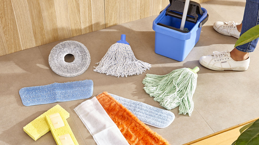 Mop bucket and various types of mop heads of the floor range.