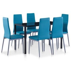 vidaXL 7 Pieces Dining Set Blue 6 Chairs and Tempered Glass Kitchen Table