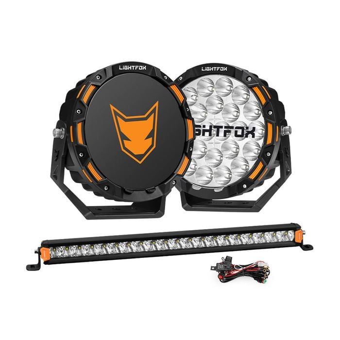 Lightfox 9inch Osram Led Driving Lights + 20 Inch Single Row Led Light Bar + Wiring Kit