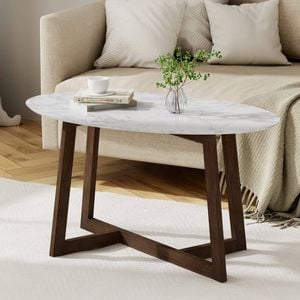 Homfurn Oval Coffee Table 80cm Marble Look White Walnut Living Room Lounge