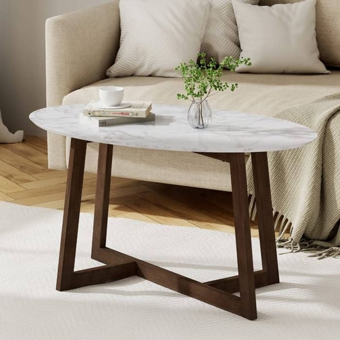 Homfurn Oval Coffee Table 80cm Marble Look White Walnut Living Room Lounge