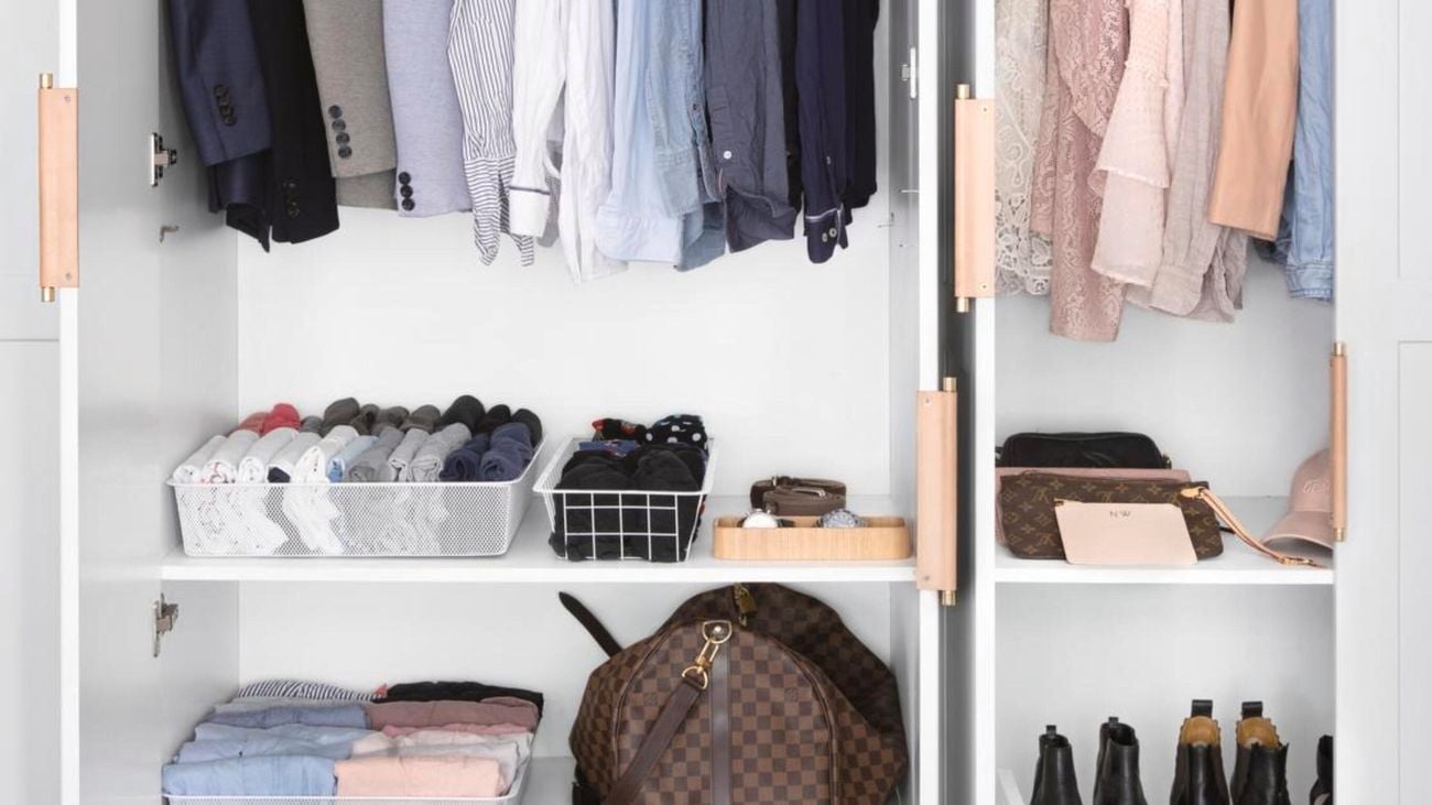 Wardrobe with shirts, shoes, bags.