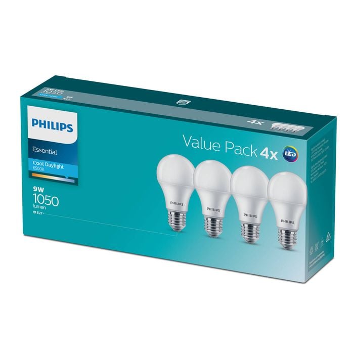 Philips A60 E27 LED 1050Lm Cool Daylight 9W Globe - 4 Pack