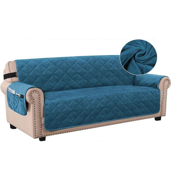 Smarcute 3 Seater Velvet Sofa Couch Cushion Cover With Non-slip Elastic Straps Peacock Blue