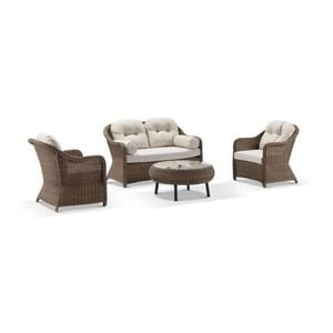 Plantation Outdoor Wicker Lounge Suite Brushed Wheat With Coffee Table & Cream Cushions