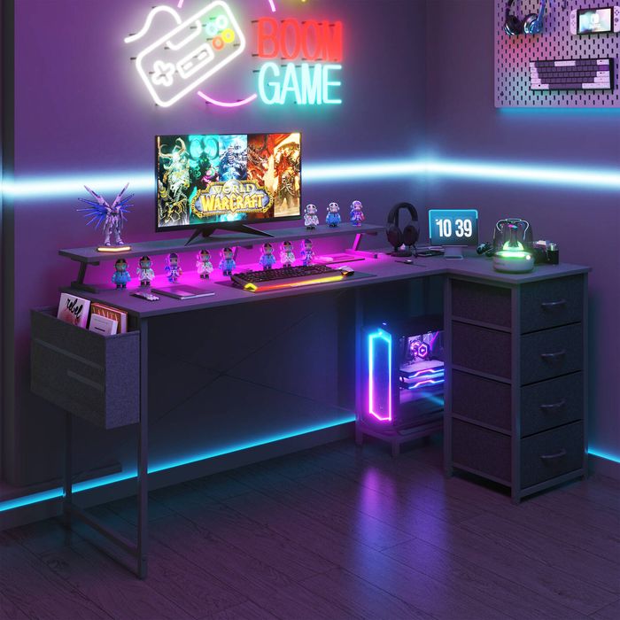 Advwin L Shaped Gaming Desk 160cm with LED Lights & Power Outlets Convertible Computer Desk with Monitor Stand