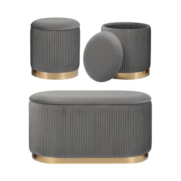 La Bella Grey 3 Piece Set Storage Ottoman - Blanket Box Velvet Bench Stool FAYE