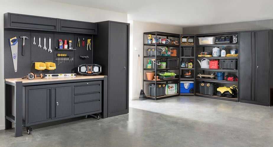Garage featuring the Pinnacle Modular storage range, 2090 series shelving and pegboard hooks.