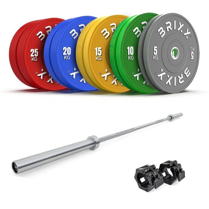 Brixx 150kg Pro Colour Olympic Bumper Plates + 20kg Barbell