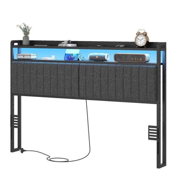 Ufurniture Headboard Upholstered Double Size with 2-Tier Storage Outlets, USB Ports and LED Light Adjustable Height