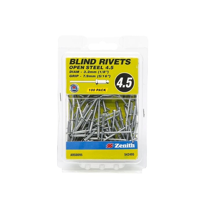 Zenith Blind Rivets Open Steel 1/8"D x 5/16"G 100pk