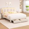Ufurniture LED Velvet Upholstered Bed Frame with Adjustable Headboard and Charging Station Queen Beige