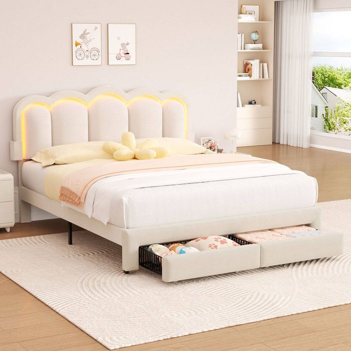 Ufurniture LED Velvet Upholstered Bed Frame with Adjustable Headboard and Charging Station Queen Beige