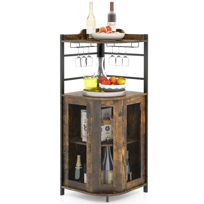 Costway Corner Wine Cabinet Space-saving With Glass Holder Brown