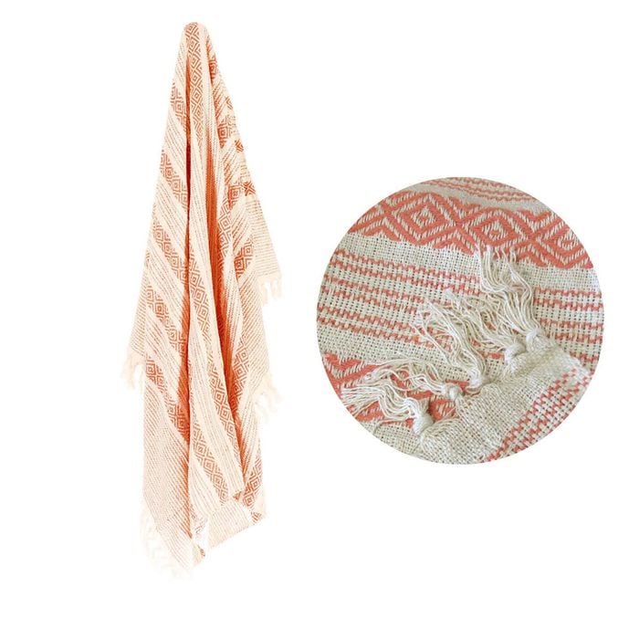 100% Cotton Fringe Throw Rug 125 x 150 cm Aztec Peach