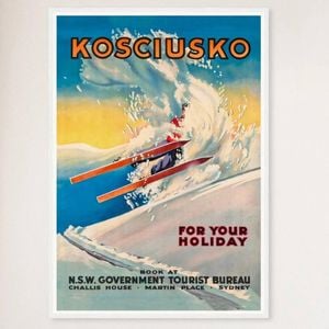 Galrie Vintage Ski Poster of Mount Kosciuszko in New South Wales Australia Home Décor, White Frame, 50 x 70cm (20 x 28inch)