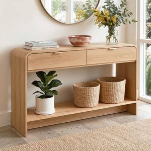 HOMFURN 120cm Console Table – 2 Drawers + Open Shelf, Curved Edges, Pine Finish