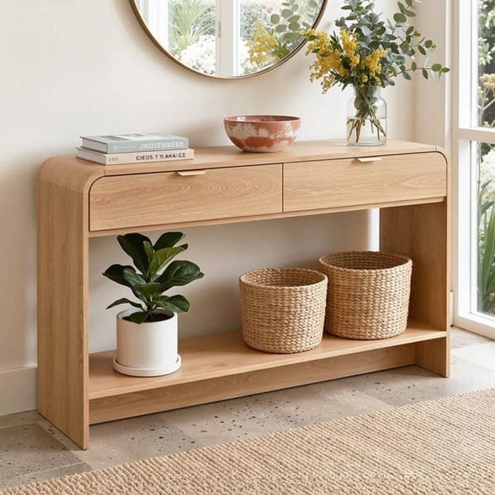 HOMFURN 120cm Console Table – 2 Drawers + Open Shelf, Curved Edges, Pine Finish