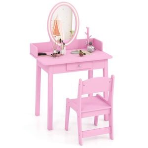 Costway Kids Vanity Set Dressing Table & Chair Makeup Study Desk Pink