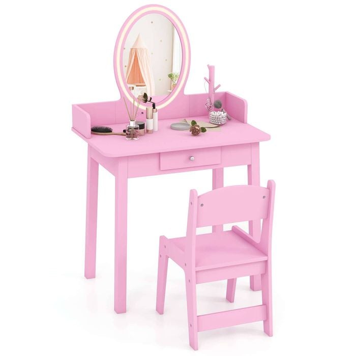 Costway Kids Vanity Set Dressing Table & Chair Makeup Study Desk Pink
