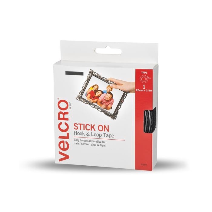 VELCRO® Brand 25mm x 2.5m Black Stick On Hook And Loop Tape