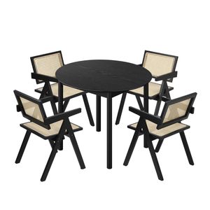 Oikiture 5PCS Dining Table Set Round Dining Table and Chairs Rubberwood Black