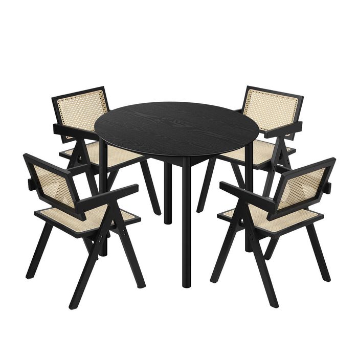 Oikiture 5PCS Dining Table Set Round Dining Table and Chairs Rubberwood Black