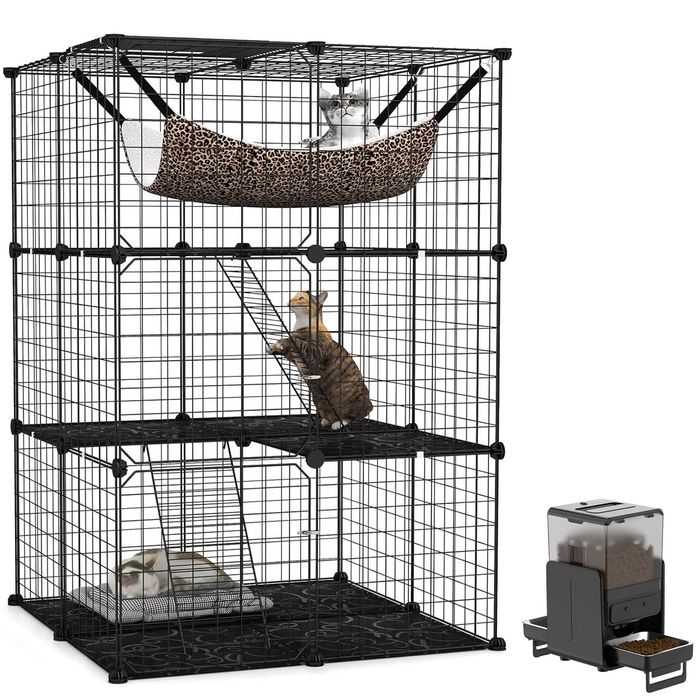 Advwin Cat Cage 3 Tier DIY Cat Enclosure + 5L Smart Automatic Pet Feeder 2 Bowl