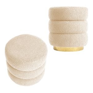 La Bella 2 Set Round Stacked Ottoman Stool 38cm Beige Teddy Fleece Fabric Foot Rest