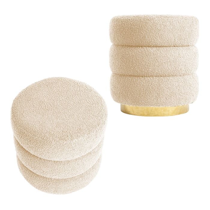 La Bella 2 Set Round Stacked Ottoman Stool 38cm Beige Teddy Fleece Fabric Foot Rest