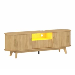 Ufurniture157cm Fluted TV Cabinet Entertainment Center with Sliding Doors LED TV Stand, Oak