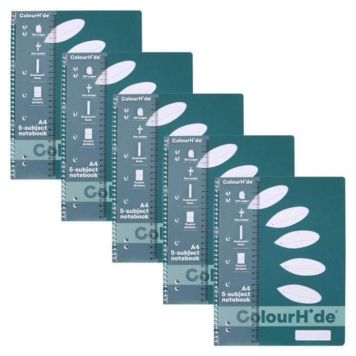 5pc Colourhide 5 Subject A4 Notebook Writing Stationery 250-page Teal Green
