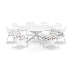 Houston Outdoor 1.8m Round Dining Set White With 8 Kansas Chairs & Sunbrella Maxim Heather Beige Cushions